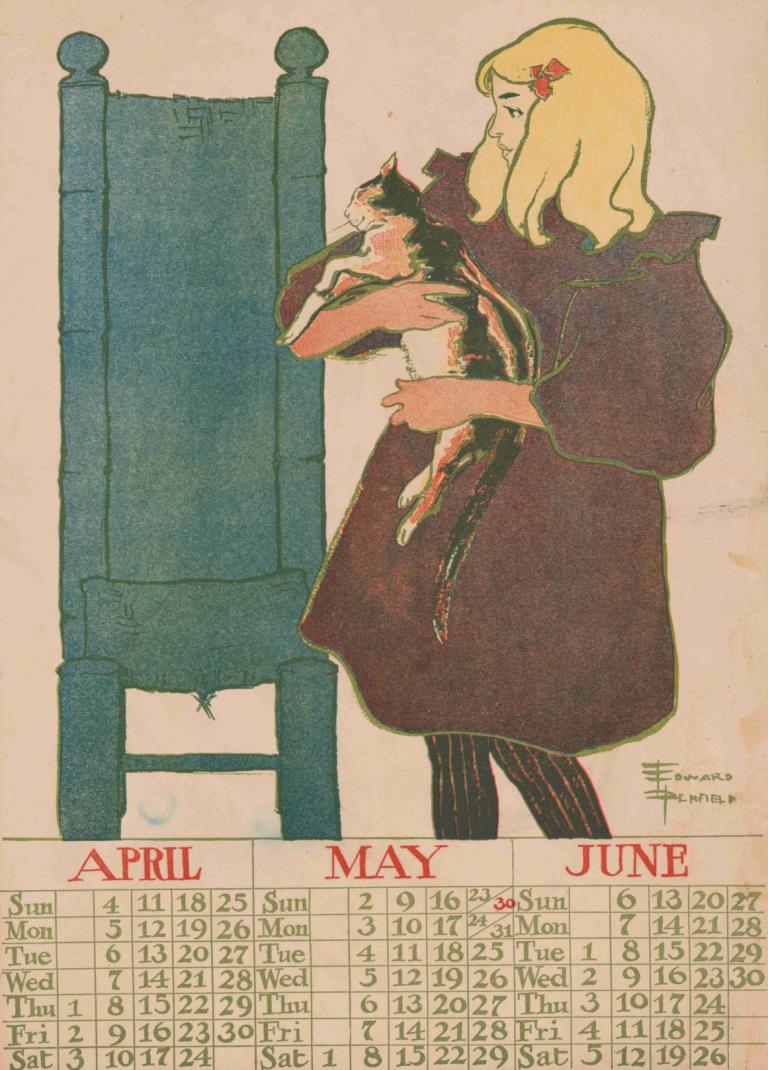 April May June 1897 calendar,Edward Penfield,Illustration,Illustration, 1girl, blonde hair, solo, pantyhose