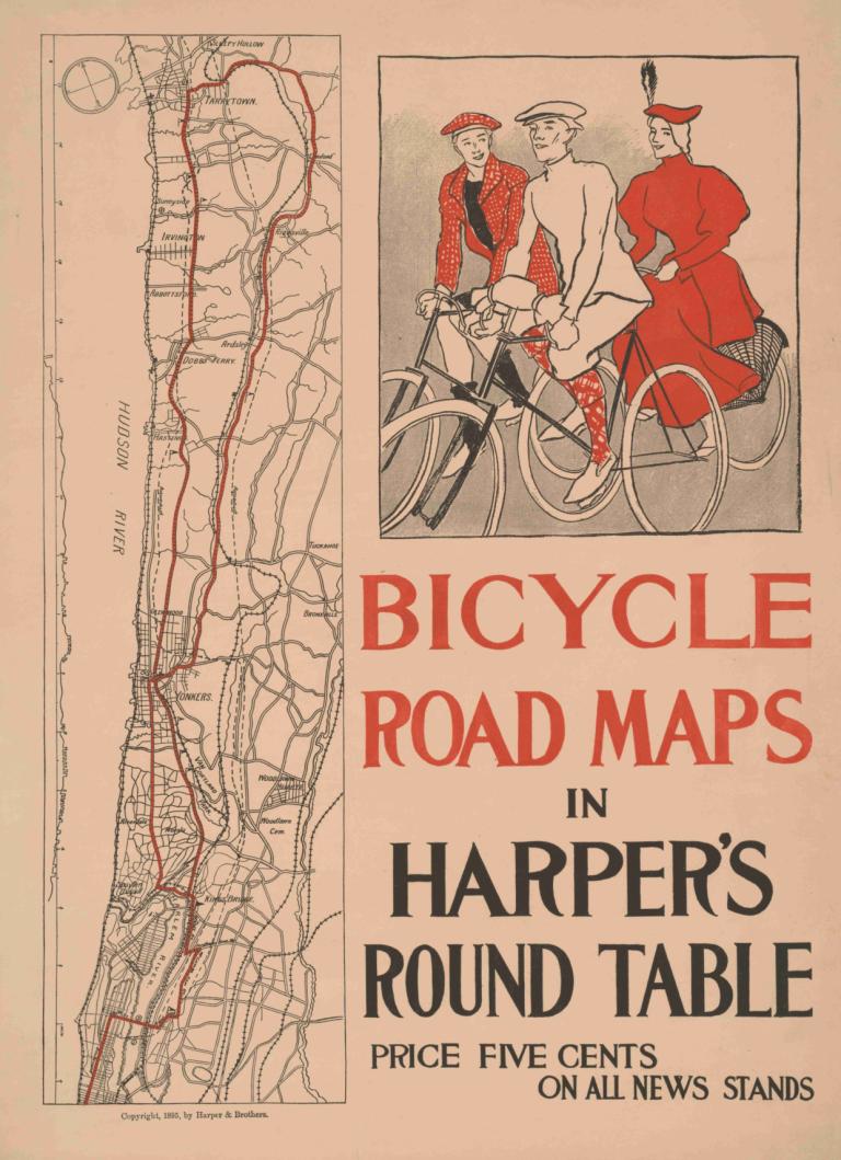 Bicycle road maps in Harper's Round Table,Edward Penfield,Illustration,Illustration, multiple boys, bicycle