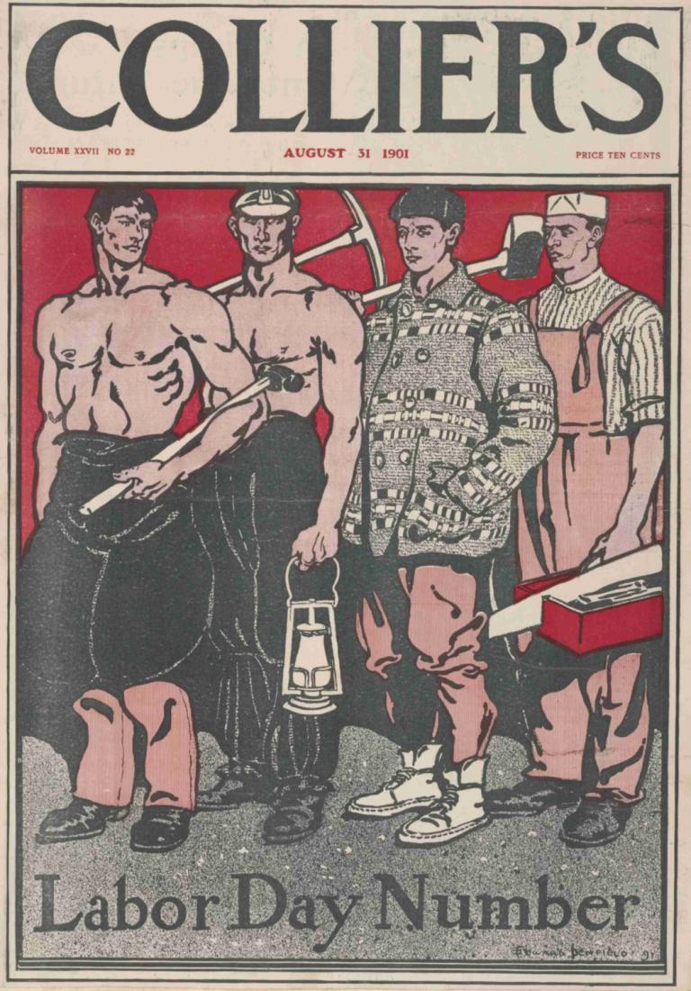 Collier's August,Edward Penfield,Illustration,Illustration, multiple boys, male focus, topless male, parody