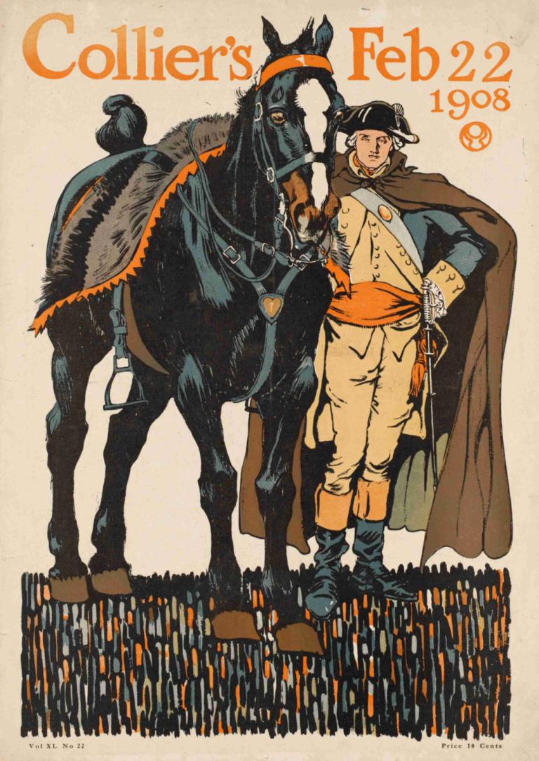 Collier's Feb 22 1908,Edward Penfield,Illustration,Illustration, horse, 1boy, hat, male focus, cape