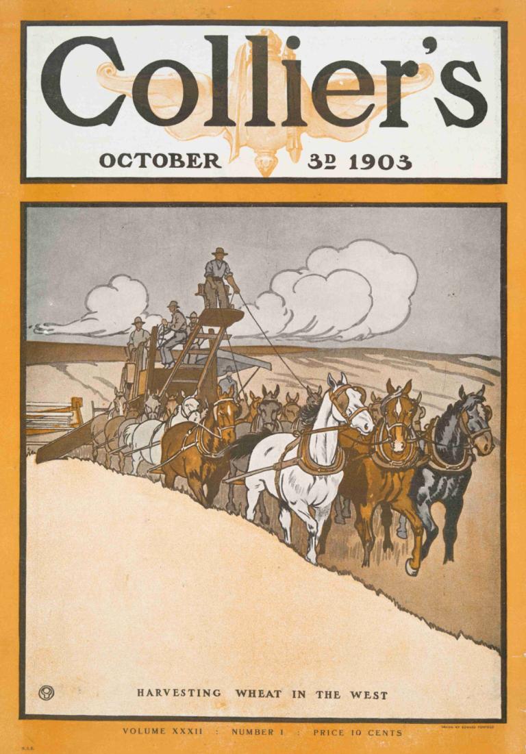 Collier's October 3rd, 1903, Harvesting Wheat in The West,Edward Penfield,Illustration,Illustration, horse