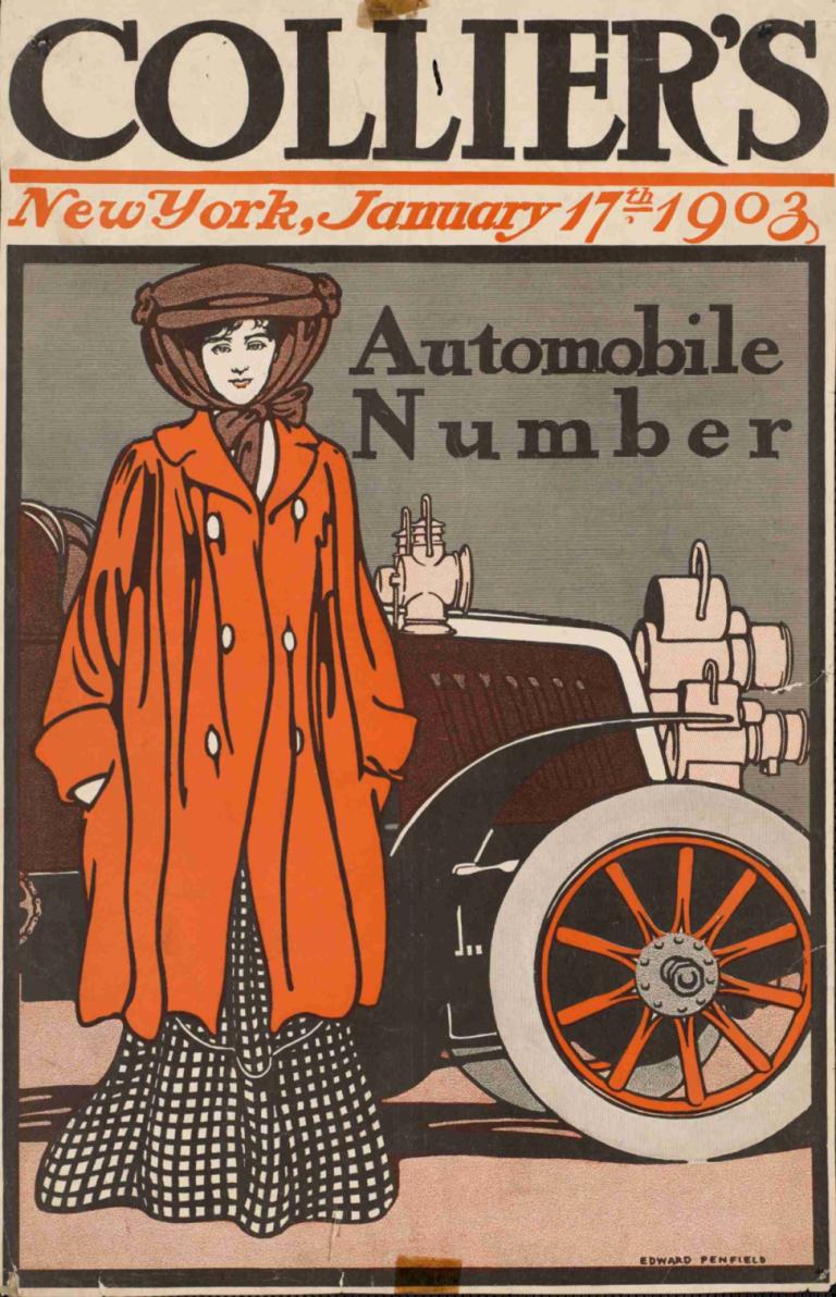 Collier's automobile number,Edward Penfield,Illustration,Illustration, 1girl, solo, ground vehicle