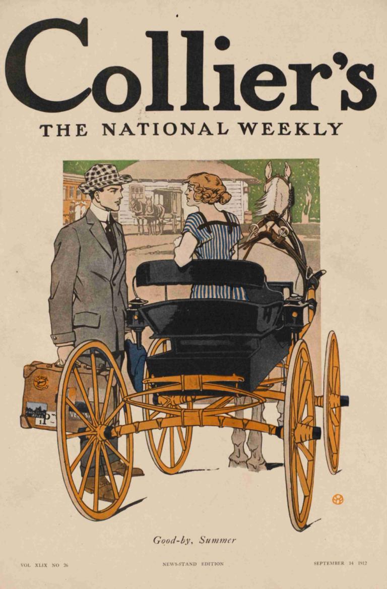 Collier's, the national weekly. Good-by, summer.,科利尔，全国性周刊。再见，夏天,Edward Penfield,爱德华-彭菲尔德,插画,插画, 地面车辆, 多个男孩