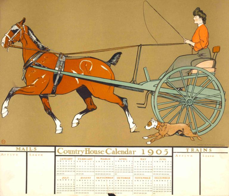 Country House calendar 1905,乡村别墅日历 1905,Edward Penfield,爱德华-彭菲尔德,插画,插画, 1个女孩, 骑术, 马, 轮廓, 动物, 裙子, 坐着, 衬衫, 骑马