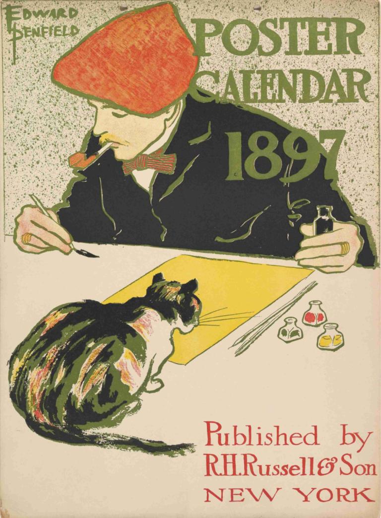 Cover for 1897 Calendar,1897 달력 표지,Edward Penfield,에드워드 펜필드,일러스트레이션,일러스트레이션, 1남, 모자, 남성 집중, 고양이, 영어 텍스트, 보유