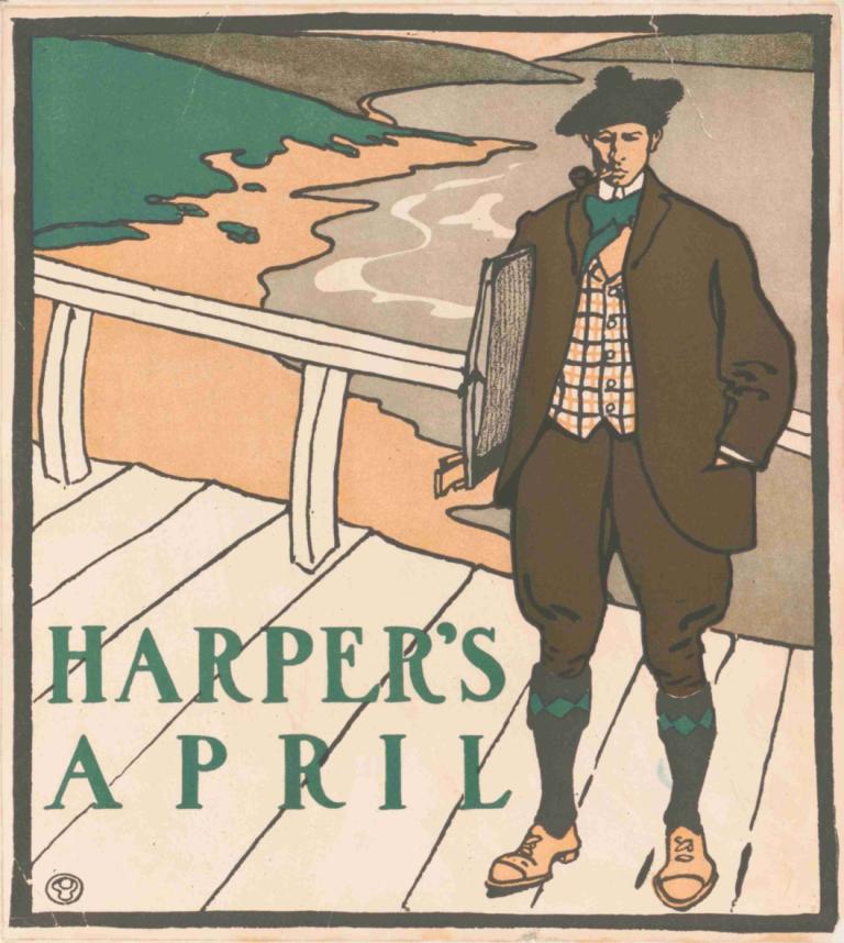 Harper's [for] April,Edward Penfield,Illustration,Illustration, 1boy, male focus, solo, smoking, black hair