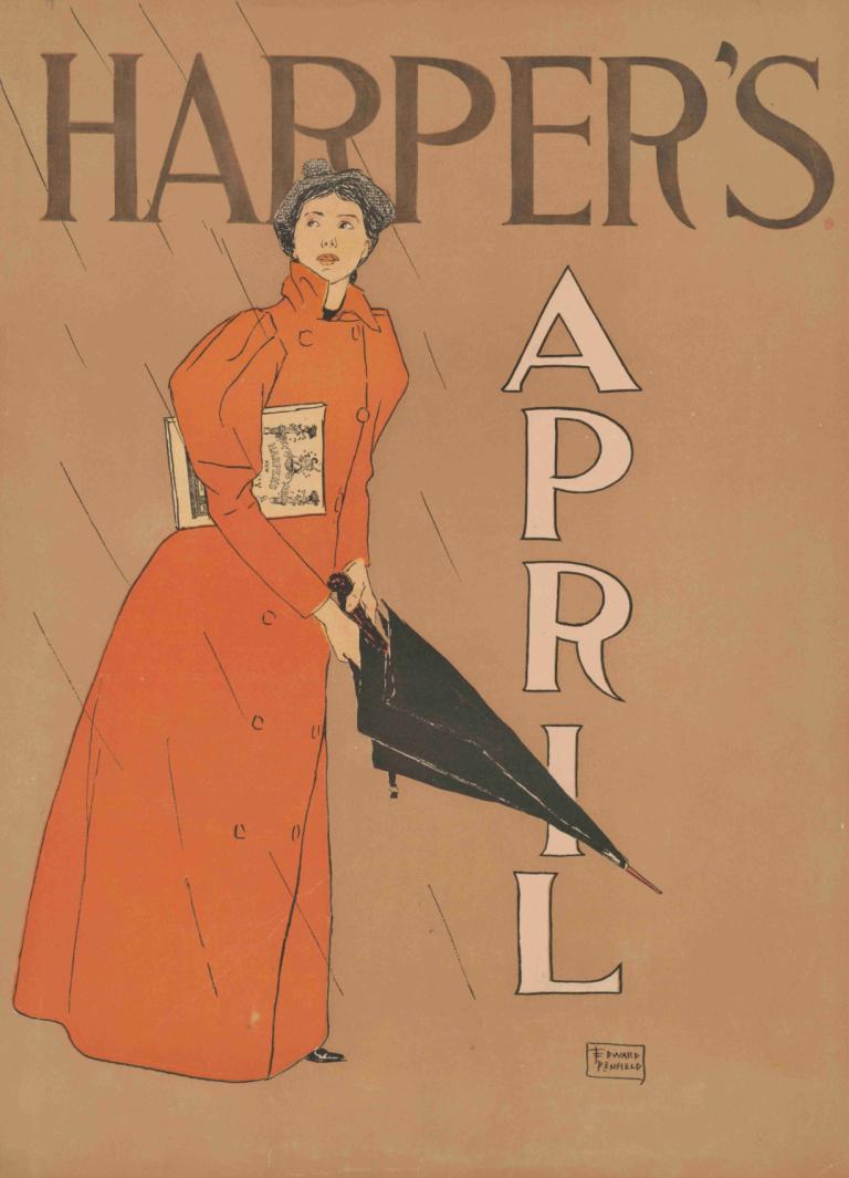 Harper's [for] April,Harper's [pour] avril,Edward Penfield,Illustration,Illustration, solo, parapluie