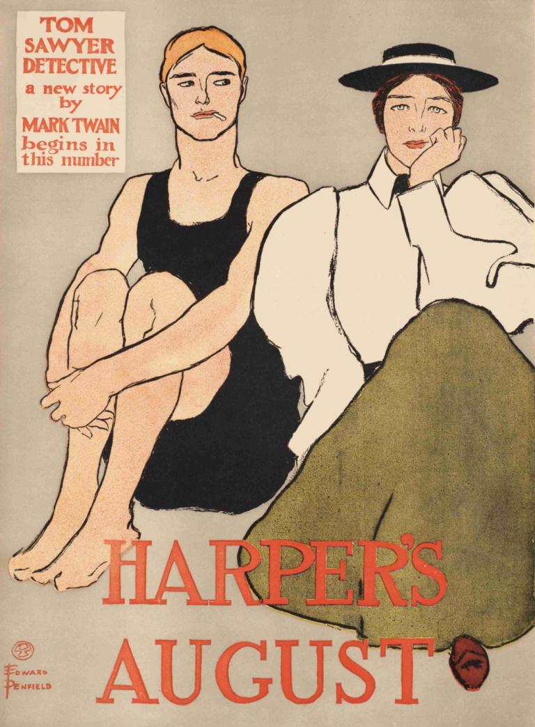 Harper's August,하퍼스 8월호,Edward Penfield,에드워드 펜필드,일러스트레이션,일러스트레이션, 풍자적 개작 시문, 드레스, 여러 소년, 2소년, 검정 드레스, 모자, 맨발