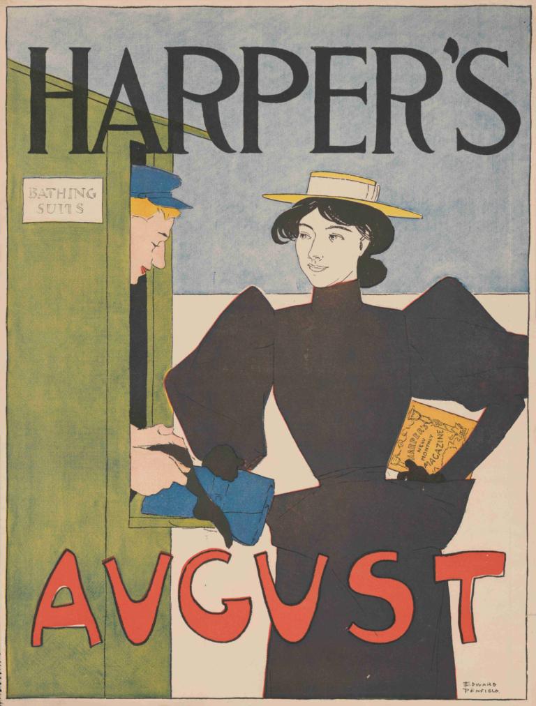 Harper's August.,Edward Penfield,Εικονογράφηση,Εικονογράφηση, καπέλο, μαύρα μαλλιά, ξανθά μαλλιά, 1 κορίτσι