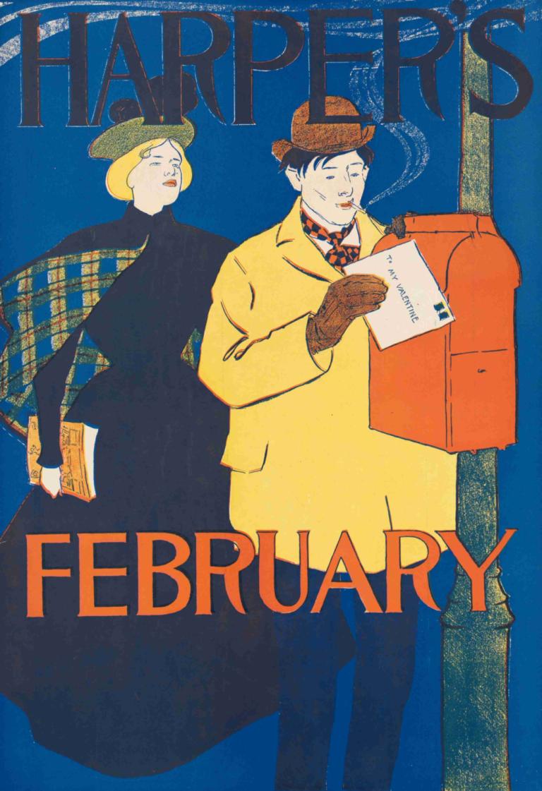 Harper's February,哈珀的二月,Edward Penfield,愛德華·彭菲爾德,插畫,插畫, 帽子, 手套, 1個女孩, 1男孩, 黑裙子, 裙子, 保持, 微笑, 短髮, 金髮, 英文文本