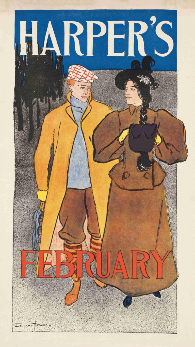 Harper's February,Harper's Φεβρουάριος,Edward Penfield,Εικονογράφηση,Εικονογράφηση, μαύρα μαλλιά, 1 κορίτσι