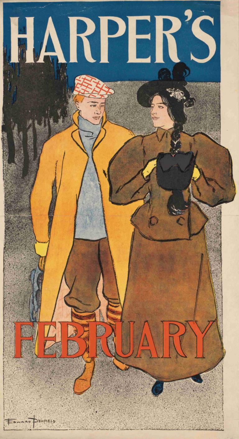 Harper's February,哈珀的二月,Edward Penfield,愛德華·彭菲爾德,插畫,插畫, 1個女孩, 黑髮, 手套, 靴子, 1男孩, 金髮, 復古藝術風格, 外套, 編織