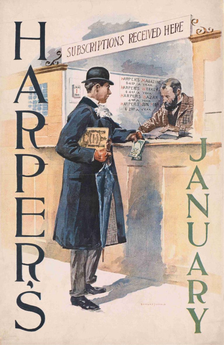 Harper's January,哈珀一月份,Edward Penfield,愛德華·彭菲爾德,插畫,插畫, 鬍子, 帽子, 男性焦點, 2個男孩, 黑髮, 多個男孩, 鬢角, 外套, 英文文本, 山羊胡, 鬍渣