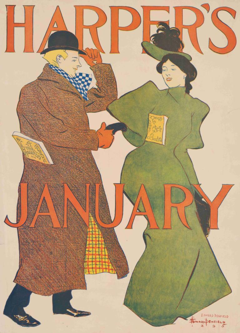 Harper's January,哈珀一月份,Edward Penfield,愛德華·彭菲爾德,插畫,插畫, 1個女孩, 1男孩, 金髮, 帽子, 手套, 裙子, 黑髮, 英文文本, 書, 綠色洋裝