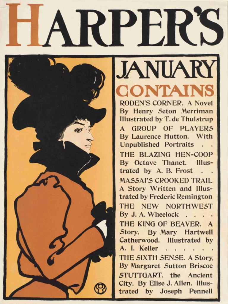 Harper's January,哈珀一月份,Edward Penfield,愛德華·彭菲爾德,插畫,插畫, 獨奏, 手套, 英文文本, 黑髮, 1個女孩, 復古藝術風格, 文字焦點