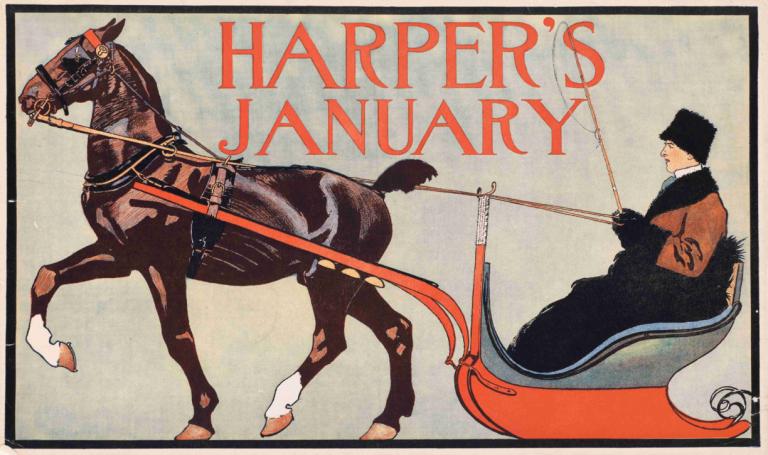 Harper's January,Edward Penfield,Illustration,Illustration, horse, black hair, border, male focus