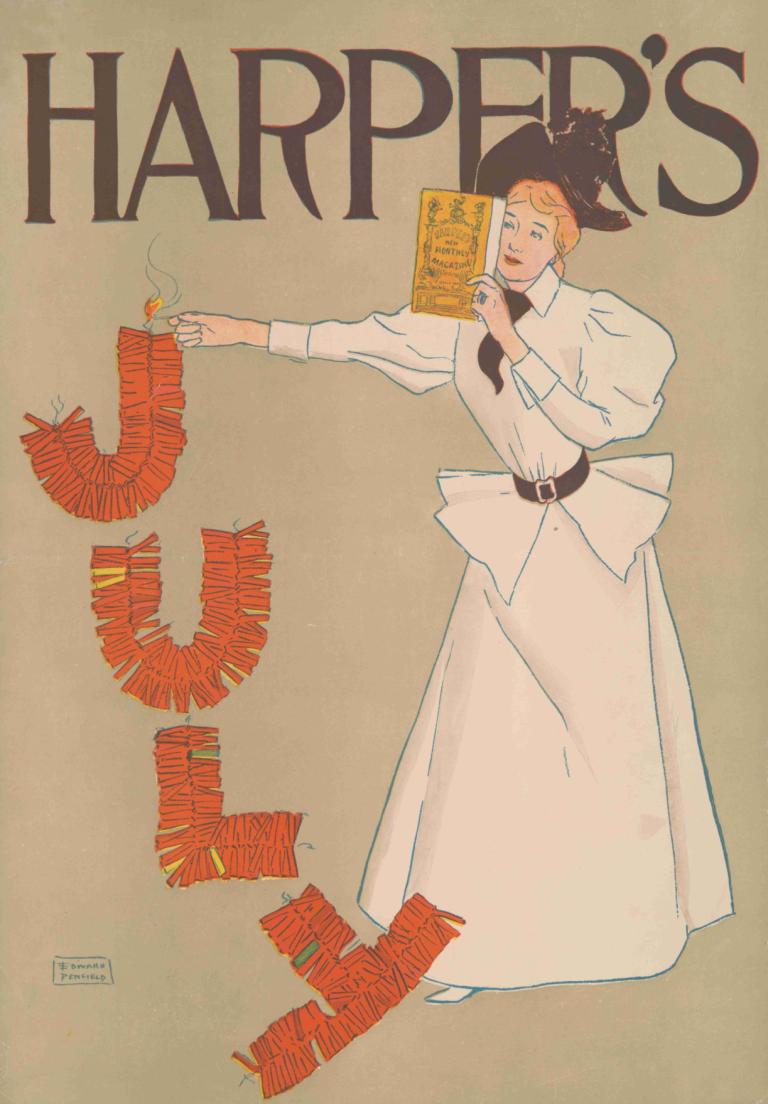 Harper's July,Edward Penfield,Illustration,Illustration, blonde hair, dress, 1boy, solo, hat, white dress