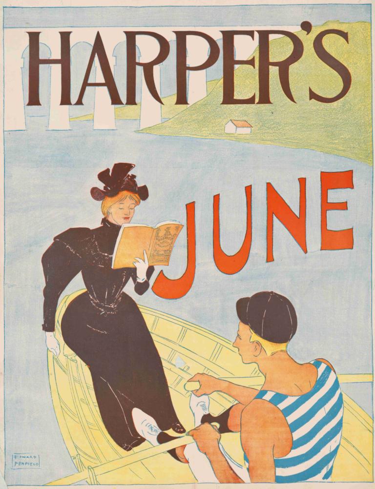 Harper's June,Edward Penfield,Illustration,Illustration, 1girl, dress, watercraft, striped shirt, blonde hair