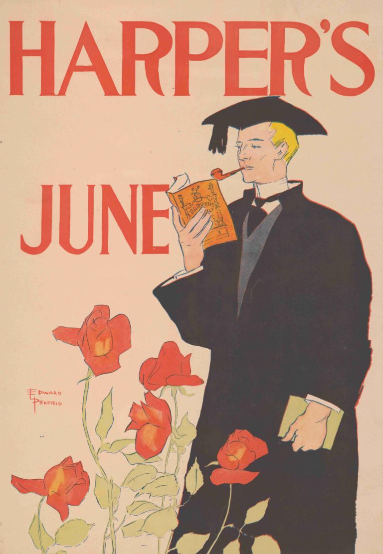 Harper's June,哈珀的六月,Edward Penfield,愛德華·彭菲爾德,插畫,插畫, 1男孩, 金髮, 男性焦點, 獨奏, 花, 書, 保持, 帽子, 紅花, 拿著書, 短髮, 英文文本, 戲仿