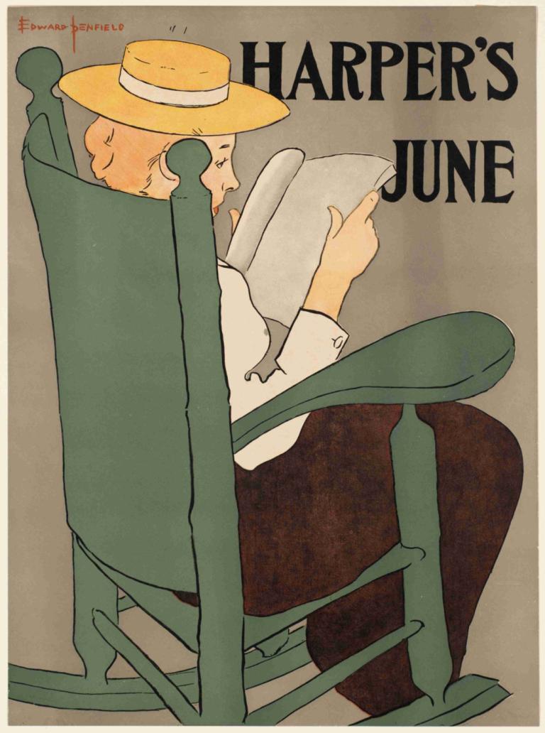 Harper's June,哈珀的六月,Edward Penfield,愛德華·彭菲爾德,插畫,插畫, 獨奏, 帽子, 椅子, 1男孩, 坐著, 男性焦點, 閱讀, 英文文本, 書, 報紙, 褲子, 保持