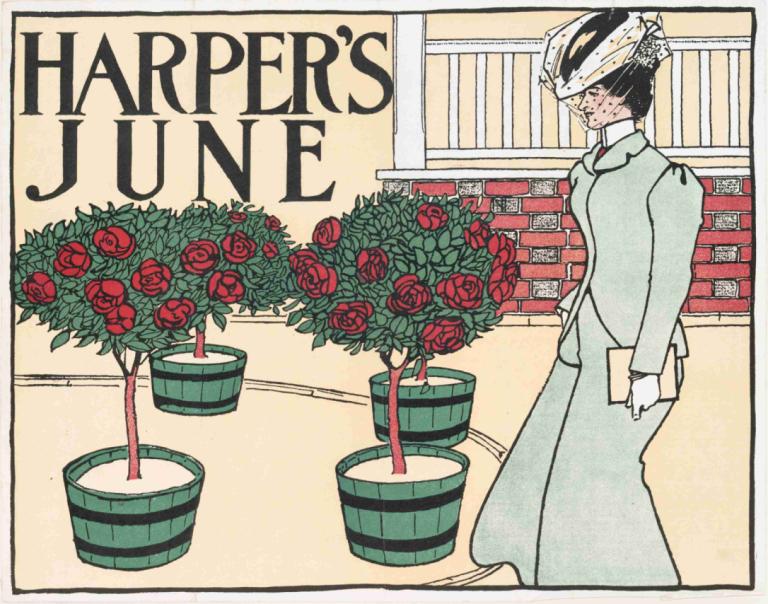 Harper's June,哈珀的六月,Edward Penfield,愛德華·彭菲爾德,插畫,插畫, 1個女孩, 獨奏, 紅花, 花, 植物, 黑髮, 書, 白手套, 保持, 手套, 盆栽, 玫瑰, 紅玫瑰, 長袖