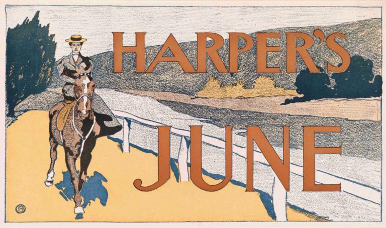 Harper's June,哈珀的六月,Edward Penfield,愛德華·彭菲爾德,插畫,插畫, 帽子, 騎術, 2個男孩, 黑髮, 多個男孩, 男性焦點, 戶外, 騎馬, 短髮, 馬, 英文文本, 邊界