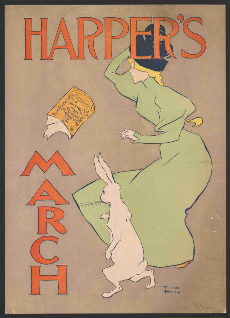 Harper's March,Edward Penfield,Ilustracja,Ilustracja, 1 dziewczyna, parodia, kapelusz, sukienka, książka