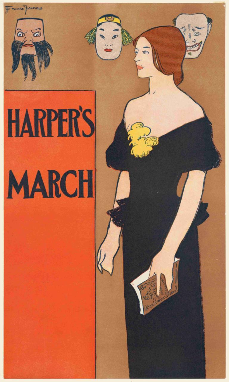 Harper's March,哈珀進行曲,Edward Penfield,愛德華·彭菲爾德,插畫,插畫, 1個女孩, 裙子, 黑裙子, 書, 棕色的頭髮, 拿著書, 保持, 英文文本, 戲仿, 裸露的肩膀, 露肩