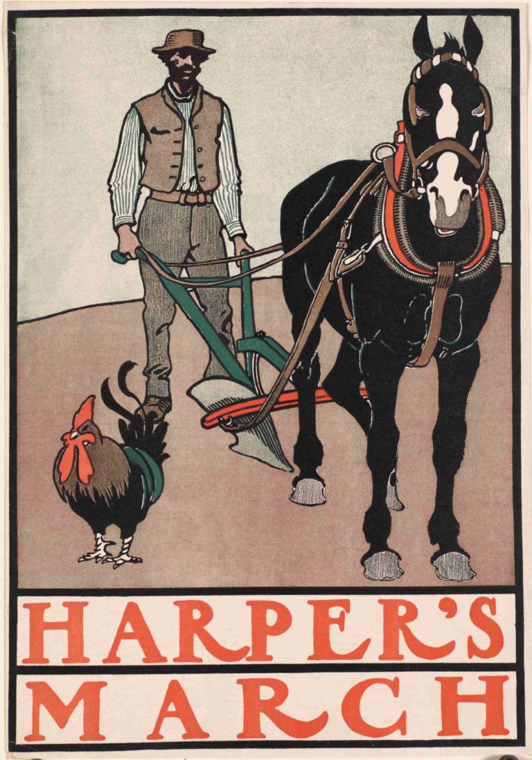 Harper's March,哈珀進行曲,Edward Penfield,愛德華·彭菲爾德,插畫,插畫, 馬, 1男孩, 帽子, 戲仿, 西部牛仔, 背心, 男性焦點, 動物, 鬍子, 牛仔帽, 鞍, 韁繩, 騎馬