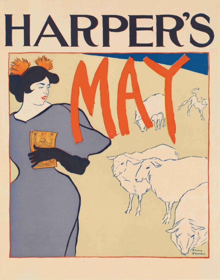 Harper's May,哈珀的五月,Edward Penfield,愛德華·彭菲爾德,插畫,插畫, 1個女孩, 裙子, 黑髮, 美術模仿, 手套, 保持, 黑手套, 口紅, 化妝品, 戲仿, 獨奏, 多彩多姿的頭髮