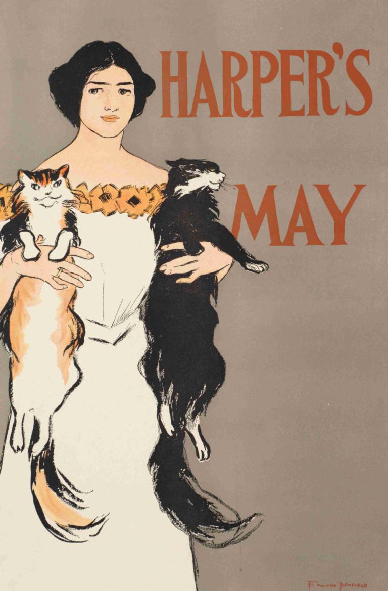 Harper's May,Edward Penfield,Ilustracja,Ilustracja, 1 dziewczyna, sukienka, trzymając zwierzę, kot