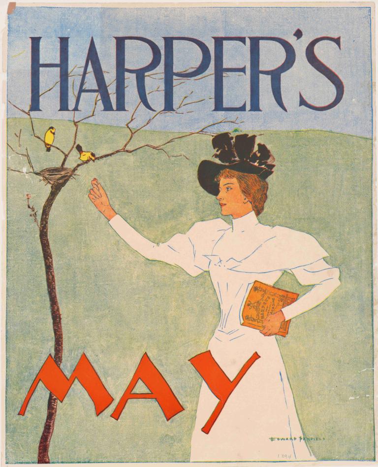 Harper's May,哈珀的五月,Edward Penfield,愛德華·彭菲爾德,插畫,插畫, 1個女孩, 獨奏, 裙子, 帽子, 棕色的頭髮, 白色禮服, 書, 拿著書, 樹, 保持, 長袖, 鳥, 輪廓