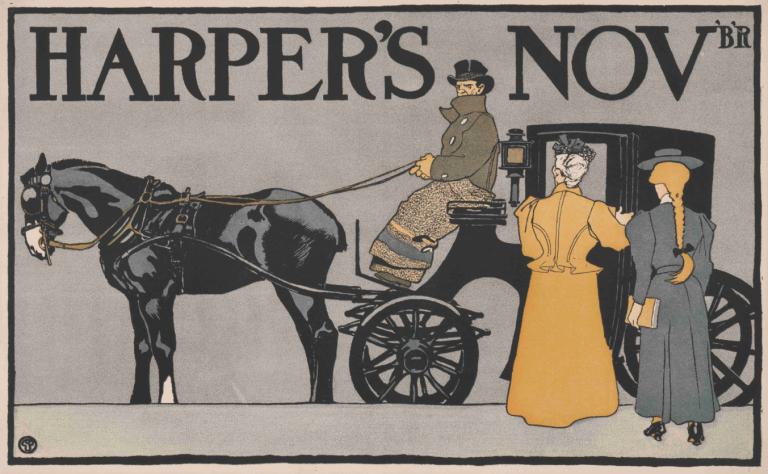 Harper's Nov'B'R,哈珀的11月‘BR,Edward Penfield,愛德華·彭菲爾德,插畫,插畫, 多個男孩, 馬, 帽子, 編織, 金髮, 長髮, 頭髮花白, 1個女孩, 保持, 黑髮, 裙子