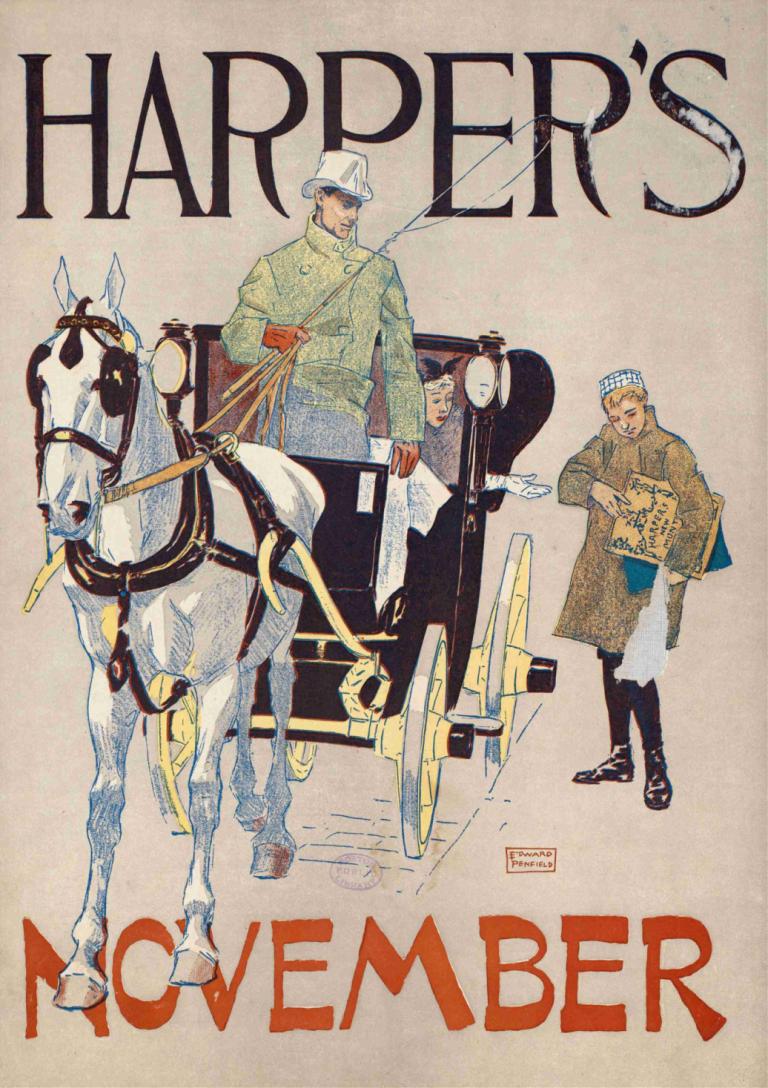 Harper's November,Harper的十一月,Edward Penfield,愛德華·彭菲爾德,插畫,插畫, 多個男孩, 馬, 2個男孩, 男性焦點, 手套, 帽子, 保持, 韁繩, 金髮, 外套