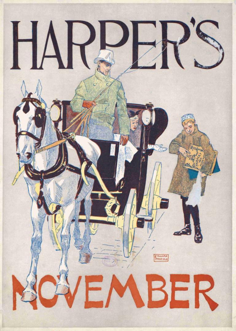 Harper's November,Harper's Listopad,Edward Penfield,Ilustracja,Ilustracja, koń, wielu chłopców, rękawice