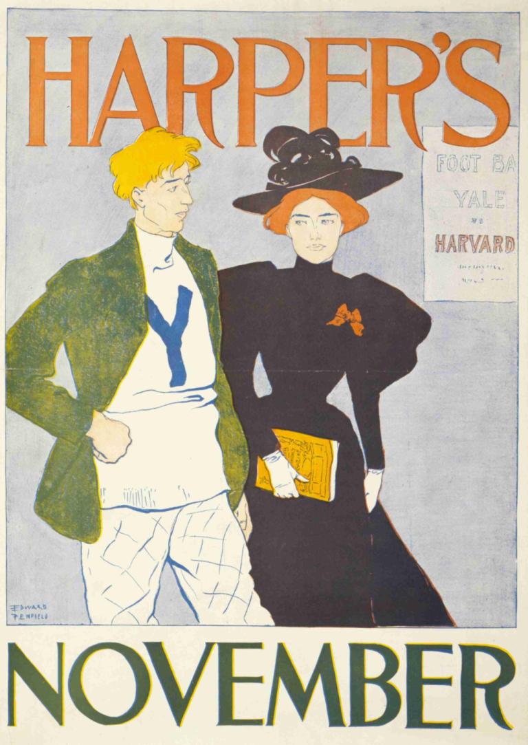 Harper's November,哈珀的十一月,Edward Penfield,愛德華·彭菲爾德,插畫,插畫, 金髮, 1個女孩, 黑裙子, 帽子, 裙子, 1男孩, 戲仿, 假封面, 短髮, 綠夾克, 英文文本