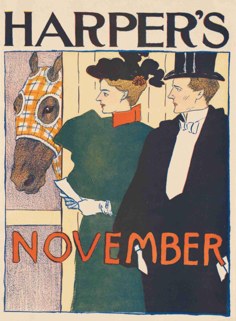 Harper's November,Edward Penfield,Abbildung,Abbildung, Hut, 1Mädchen, Weiße Handschuhe, Pferd, Handschuhe