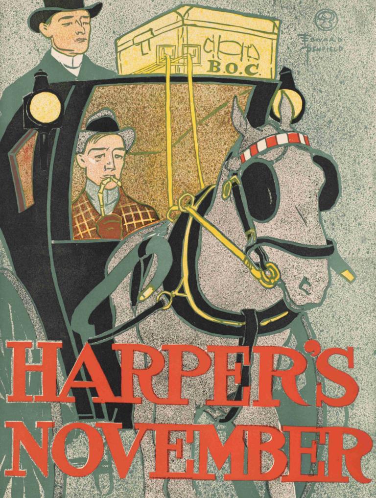 Harper's November,Harper's Listopad,Edward Penfield,Ilustracja,Ilustracja, koń, kapelusz, wielu chłopców