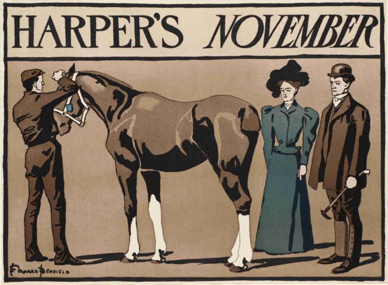 Harper's November,Harper的十一月,Edward Penfield,愛德華·彭菲爾德,插畫,插畫, 多個男孩, 3個男孩, 帽子, 1個女孩, 黑髮, 甘蔗