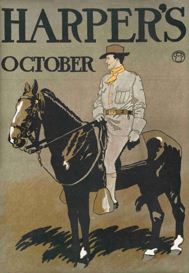 Harper's October,哈珀的十月,Edward Penfield,愛德華·彭菲爾德,插畫,插畫, 1男孩, 男性焦點, 帽子, 馬, 手套, 騎術, 腰帶, 獨奏, 黑髮, 褲子, 騎馬, 靴子