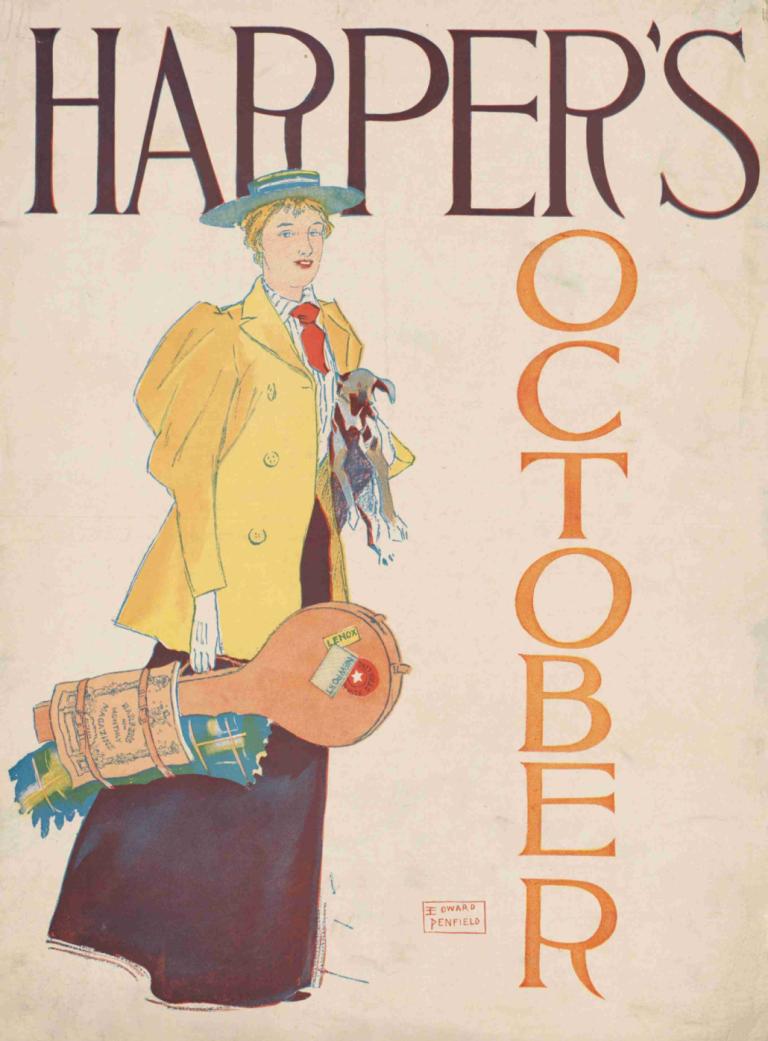 Harper's October,哈珀的十月,Edward Penfield,愛德華·彭菲爾德,插畫,插畫, 帽子, 金髮, 1男孩, 領帶, 男性焦點, 紅色領帶, 獨奏, 手套, 英文文本, 戲仿, 電鋸, 白手套