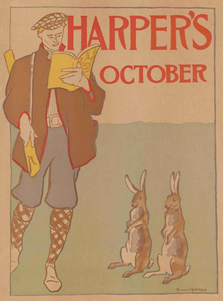 Harper's October,Edward Penfield,Ilustracja,Ilustracja, 1chłopiec, książka, męskie skupienie, Królik, trzymać