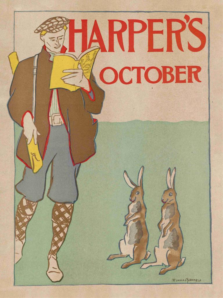 Harper's October,哈珀的十月,Edward Penfield,愛德華·彭菲爾德,插畫,插畫, 1男孩, 書, 拿著書, 男性焦點, 保持, 兔子, 戲仿, 英文文本, 獨奏, 閱讀, 腰帶, 動物