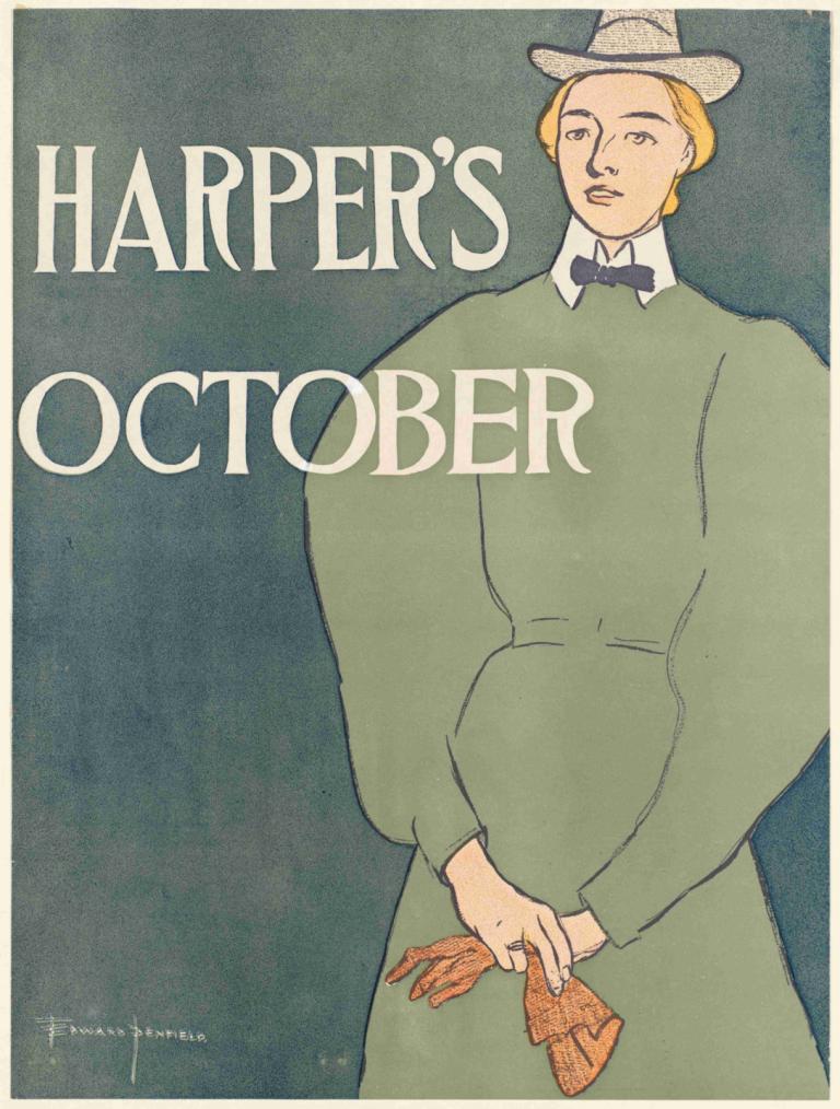 Harper's October,Harper's Oktober,Edward Penfield,Abbildung,Abbildung, Solo, blondes Haar, Hut, grünes Kleid