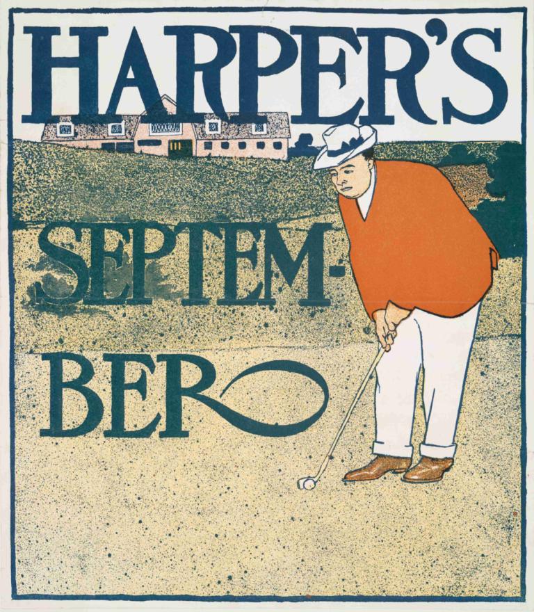 Harper's September,Harperovo září,Edward Penfield,Ilustrace,Ilustrace, sólo, 1 kluk, foto pozadí, čepice