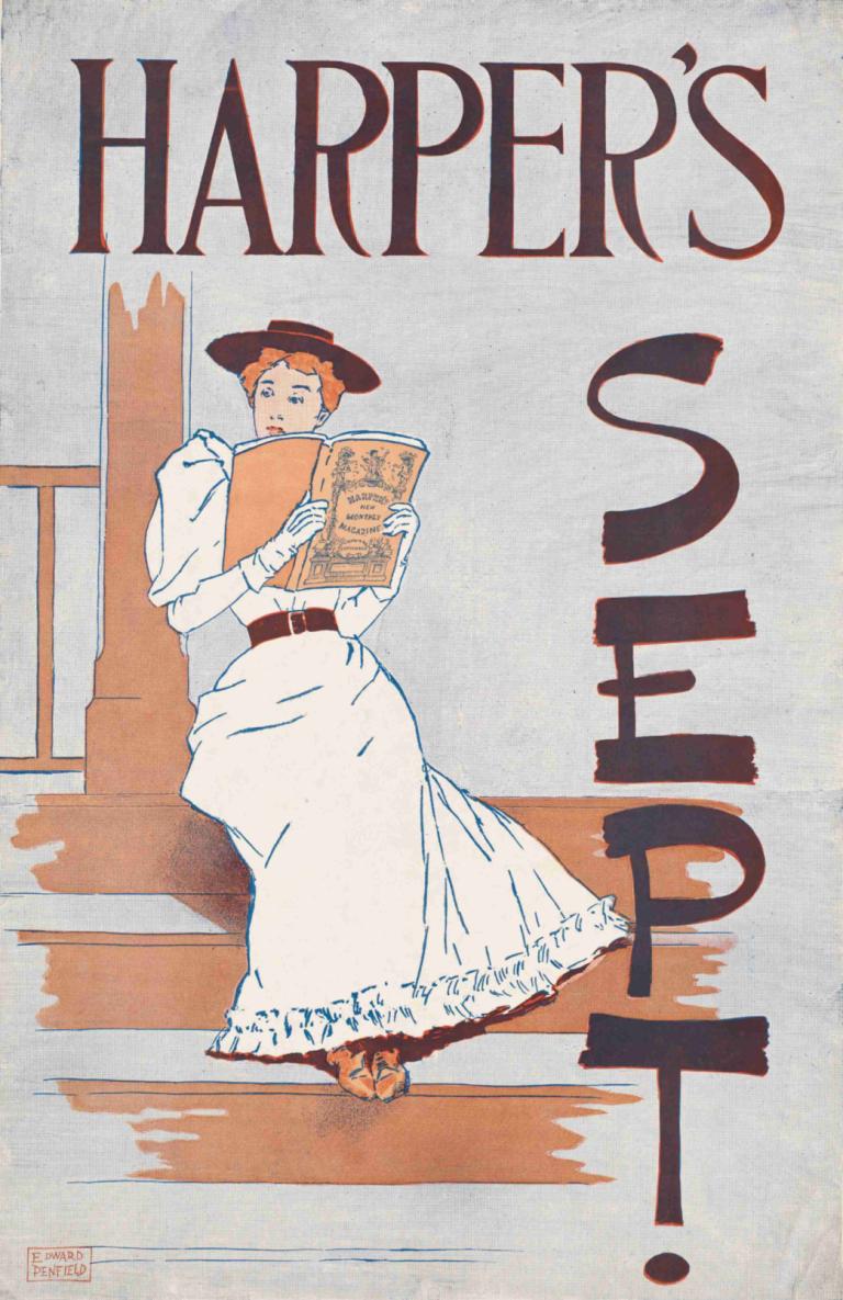 Harper's September,Harperovo září,Edward Penfield,Ilustrace,Ilustrace, šaty, čepice, sólo, 1 dívka, bílé šaty