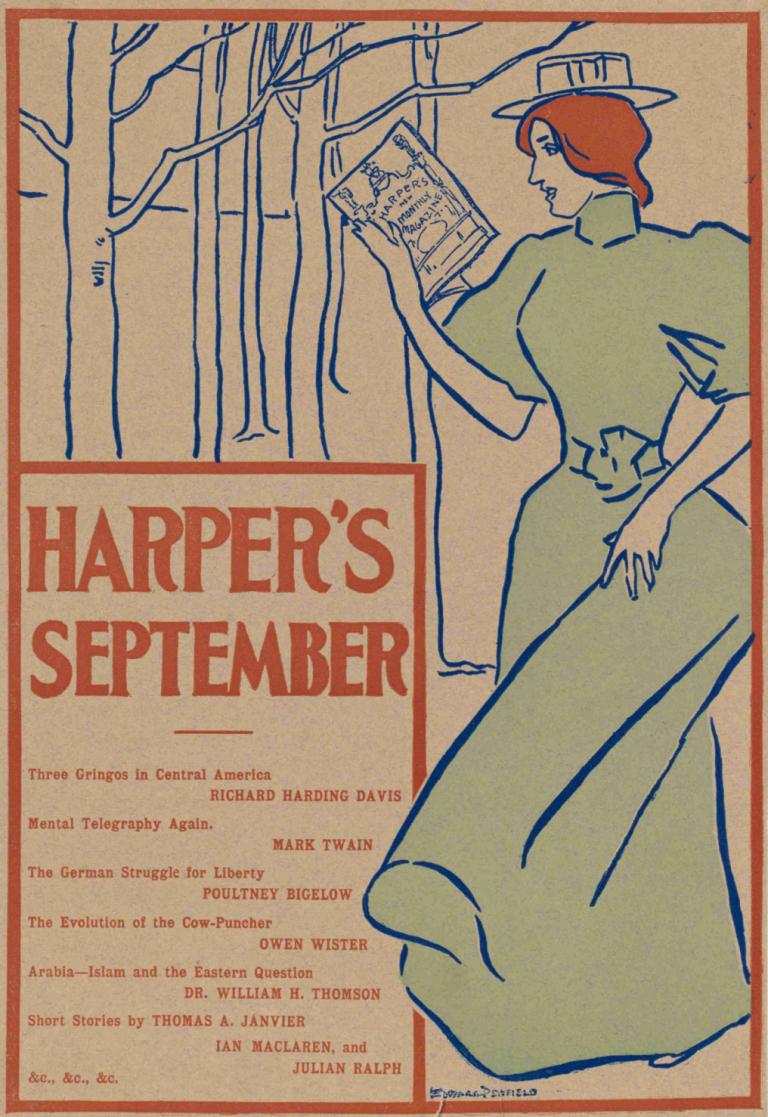 Harper's September,Harperovo září,Edward Penfield,Ilustrace,Ilustrace, 1 dívka, sólo, anglický text, šaty