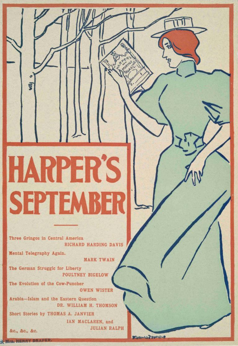 Harper's September,Edward Penfield,Abbildung,Abbildung, 1Mädchen, englischer Text, Kleid, Solo, Hut