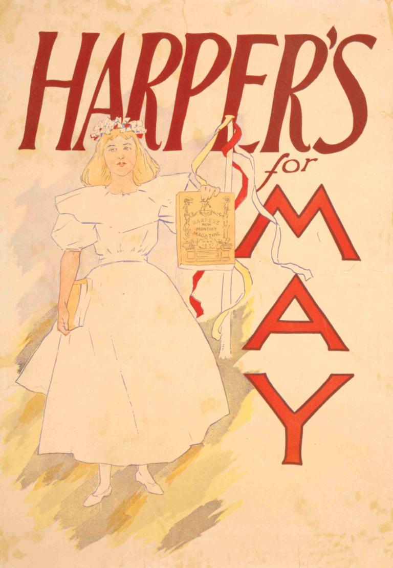 Harper's for May,五月份的哈珀百貨公司,Edward Penfield,愛德華·彭菲爾德,插畫,插畫, 1個女孩, 裙子, 金髮, 戲仿, 獨奏, 白色禮服, 坐著, 英文文本