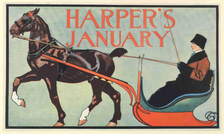 Harper's, January,Edward Penfield,Illustration,Illustration, horse, black hair, riding, horseback riding